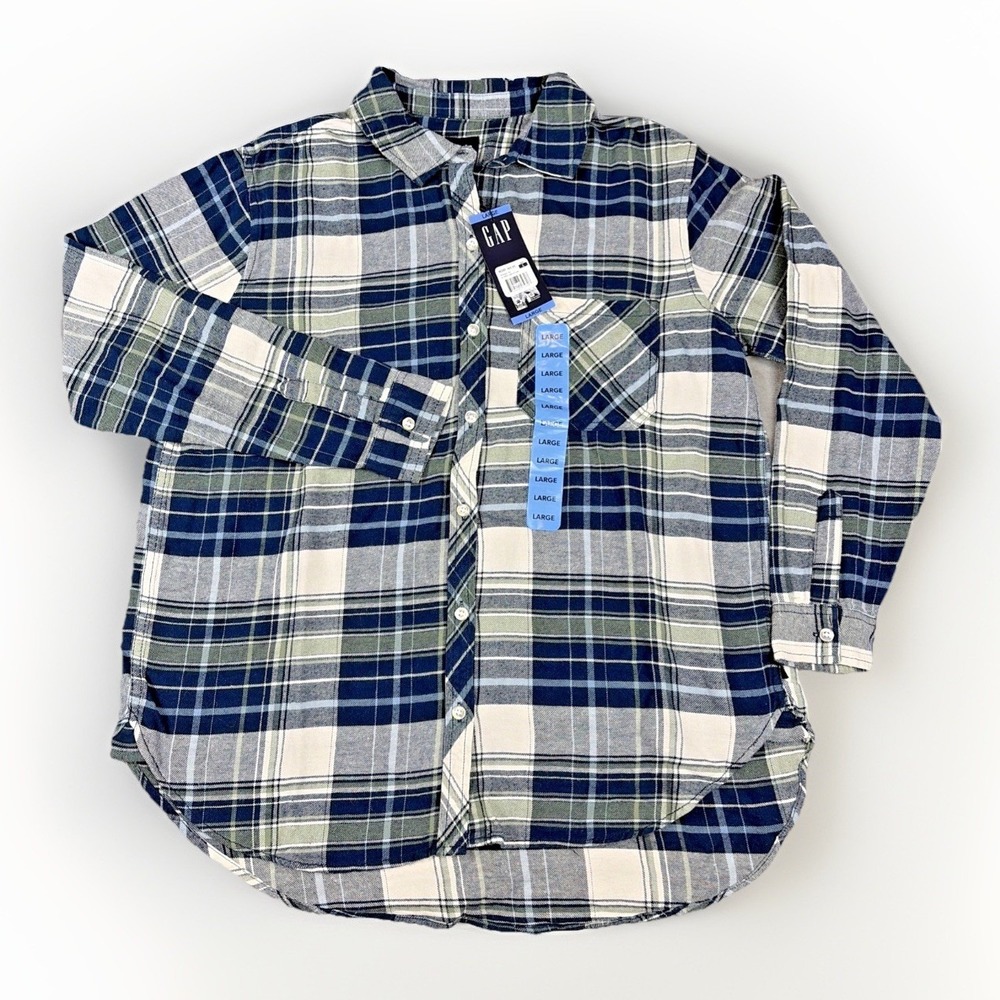 Gap Relaxed Fit Flannel Shirt Womens Large Blue Green Plaid Button Down NWT